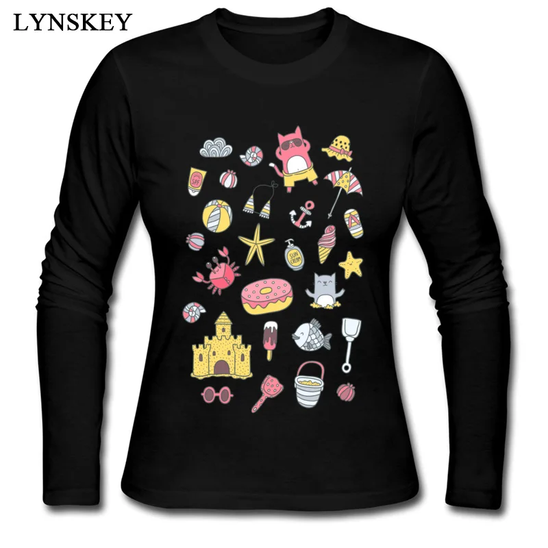 

LYNSKEY Brand New Casual T Shirts O-Neck Cotton Cats on the beach Female Tops Shirt Long Sleeve Summer/Fall Casual Sweatshirts