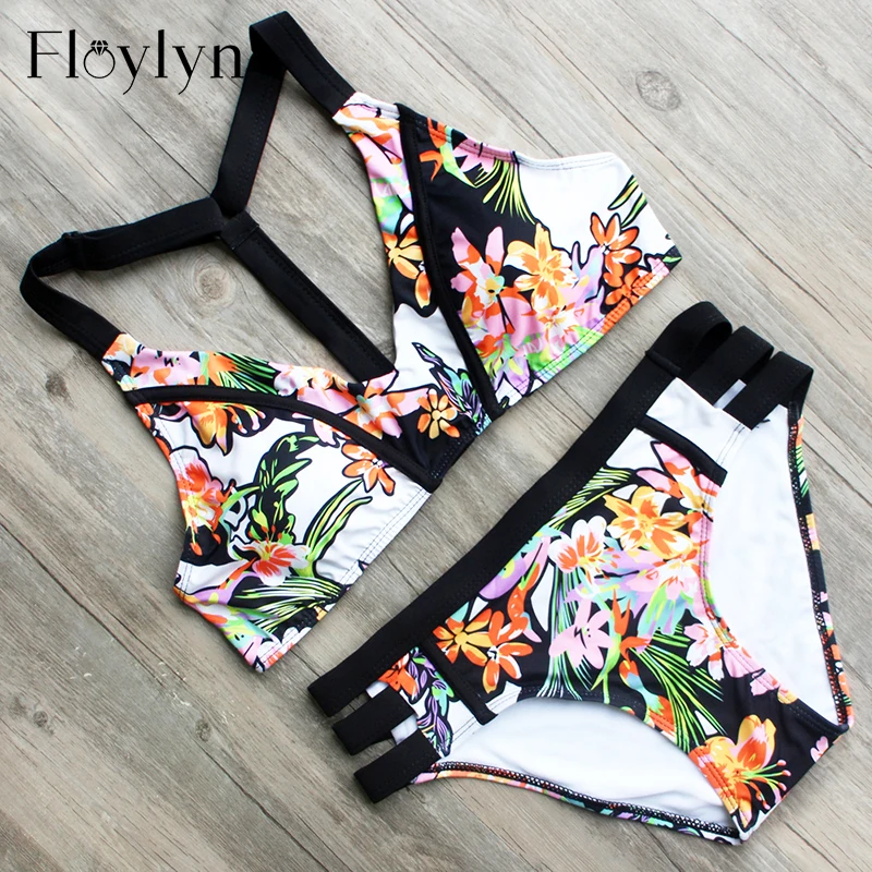 Floylyn, Ретро стиль, цветочный принт, бикини, наборы, купальные костюмы, женские летние бандажные бикини, купальник, сексуальный купальник, пляжная одежда
