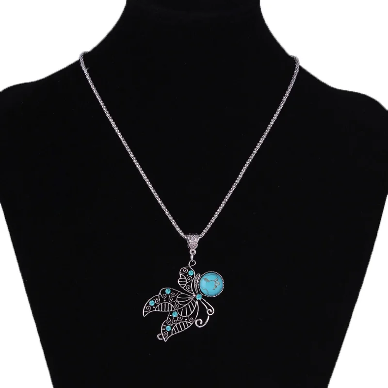 

Bohemian Vintage Hollow Tibetan Silver Butterfly Necklaces Crystal Stone Pendants Sweater Chain for Women Statement Maxi Jewelry