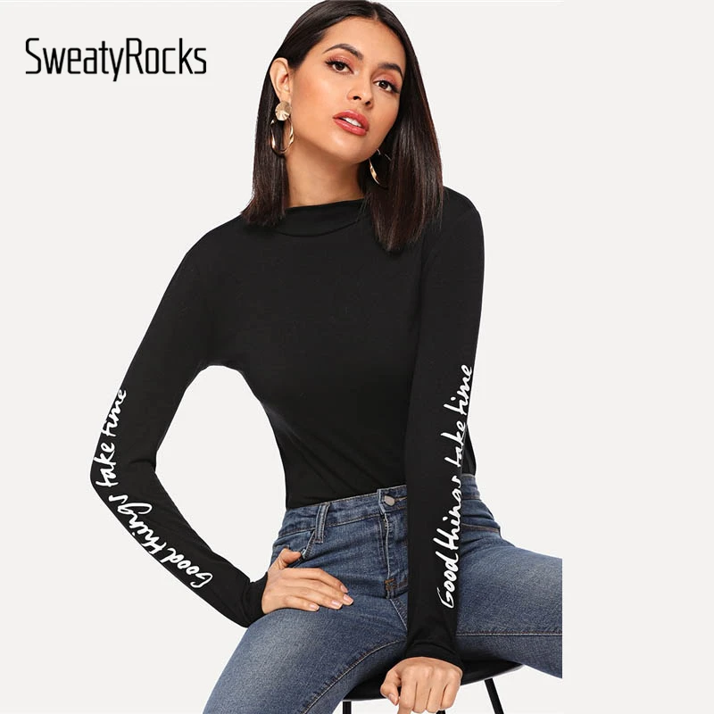 SweatyRocks, черная Облегающая рубашка с буквенным принтом, для тренировок, для женщин, весна-осень, с длинным рукавом, Повседневный пуловер, топы, Облегающая рубашка