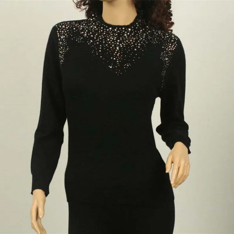 specials large size 100%goat cashmere women's basics sweater pullover half-high collar diamond sequins S-5XL | Женская одежда