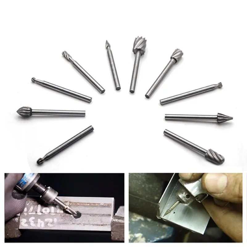 10 PCS/SET HSS Milling Drilling Set Dremel Carbide Rotary Burrs Stone Metal Root Carving Cutter Wood Tools 3.9CM |