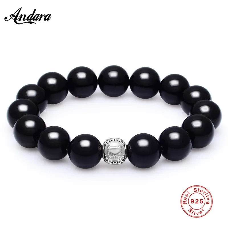 

Wholesale 14mm Matte Onyx Stone Beads Bracelet Men Bangle 925 Sterling silver Jewelry Pulseras Masculina