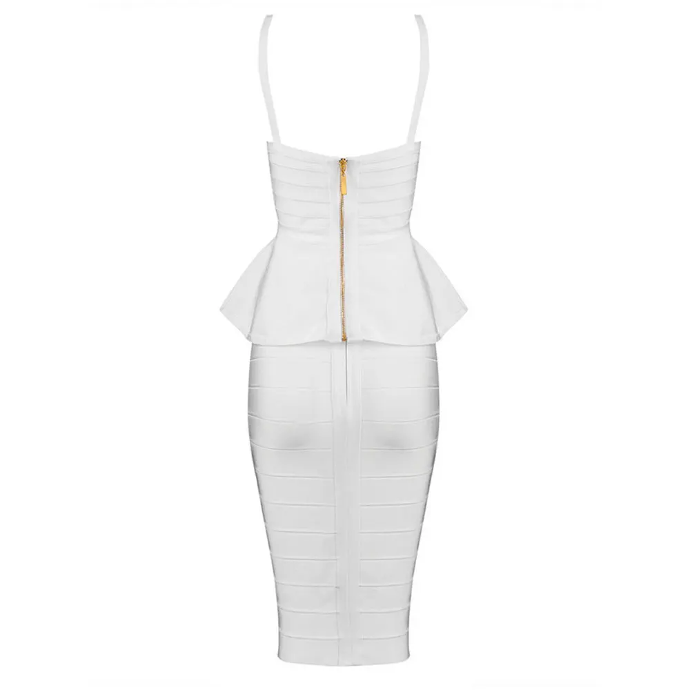 

2 piece flouncing knee length skirt rayon peplum v neck spaghetti strap top sexy women's hl bodycon night club bandage dress