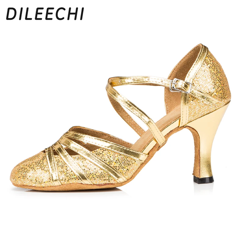 DILEECHI Золотые женские туфли для латиноамериканских танцев на высоких каблуках 8