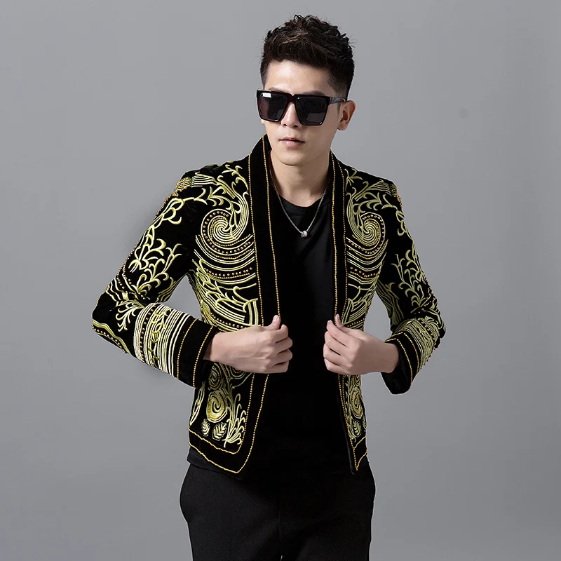 Luxury Baroque Color Block Blazer Men Heavy Wormnanship Embroider And Beads Stage Costumes For Singer DJ Party Club Outfit