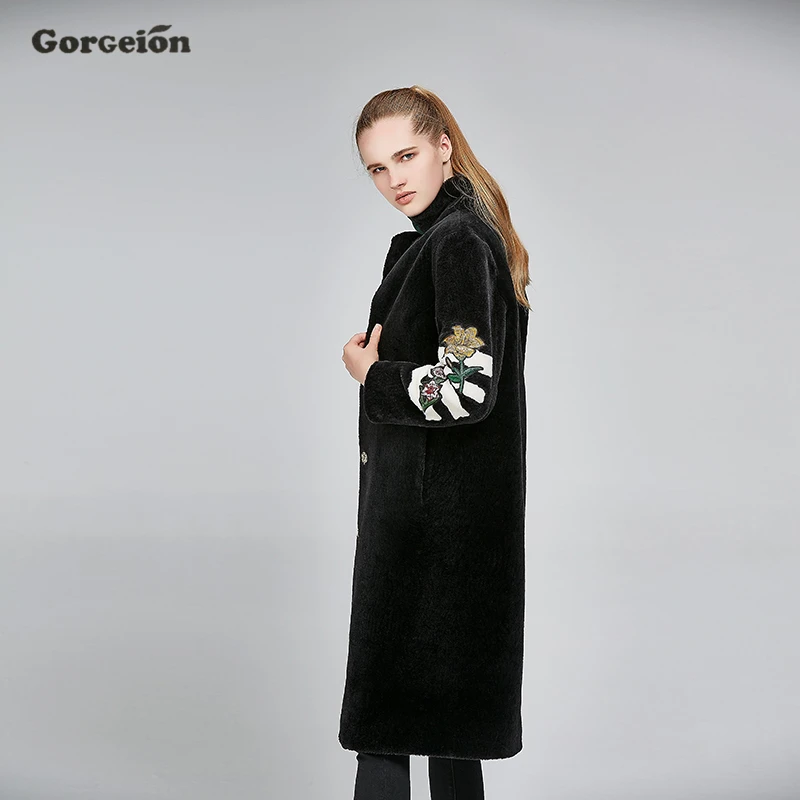 Gorgeion Мех животных зимнее пальто стекаются зима девять четверти рукав Вышивка