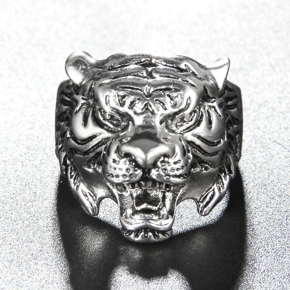Men's Ring Biker Finger Rings European Gothic Punk Retro Style Animal Tiger Head Antique silver Color Statement For Men | Украшения и