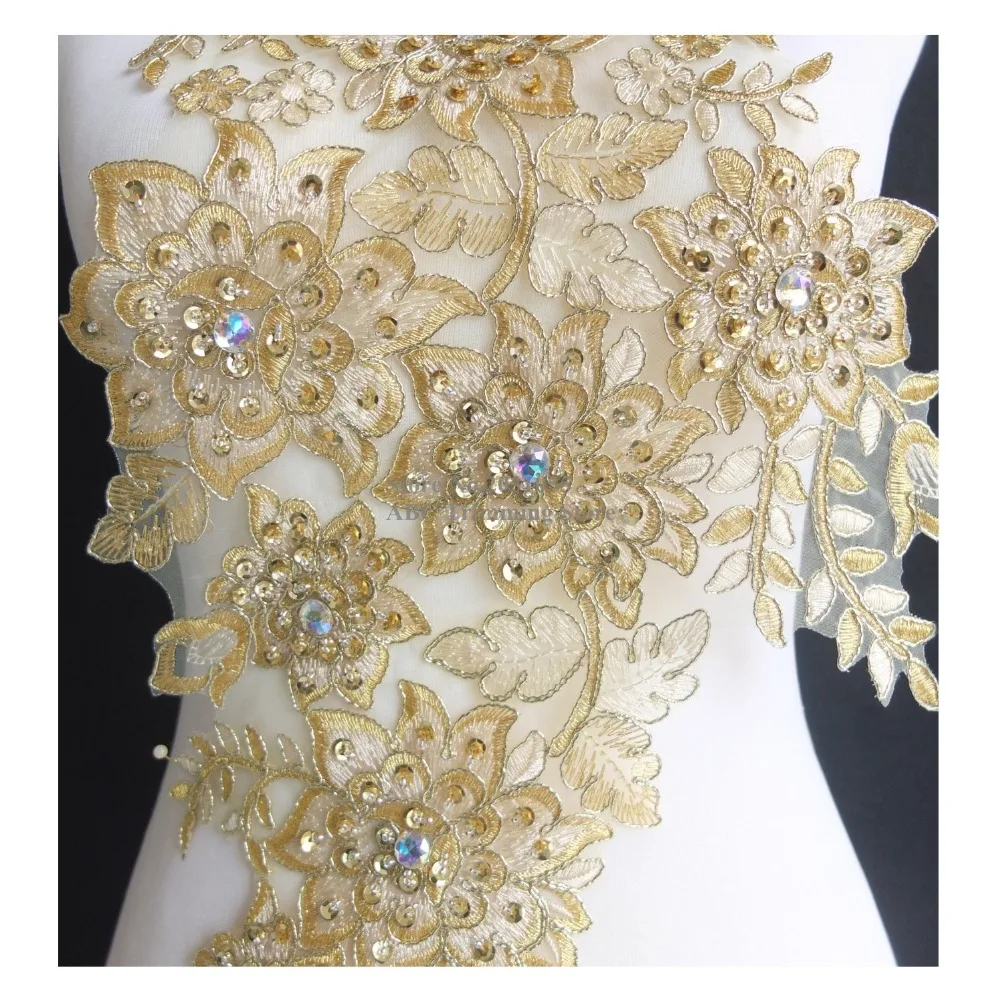 Новый ручной изготовленный золотистый/кремовый пайеточный бисерный вышитый аппликации на шее для одежды с 3D цветочными вышивками воротниками DIY ремесло TBNC107L.