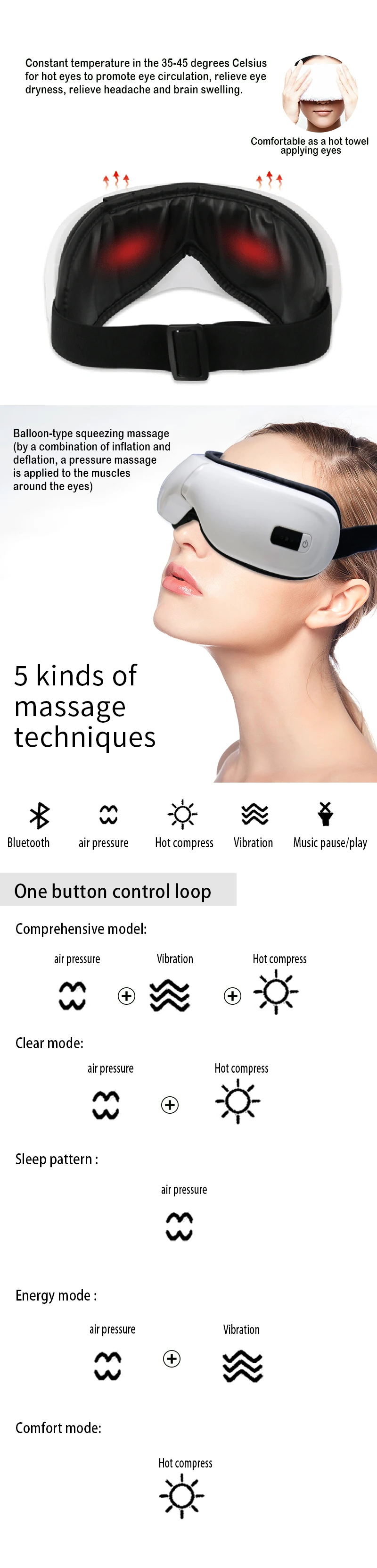 Новое поступление, Электрический массажер для глаз, Bluetooth, музыкальный вибрирующий инфракрасный нагрев, терапия, облегчение давления воздуха, прибор для ухода за глазами