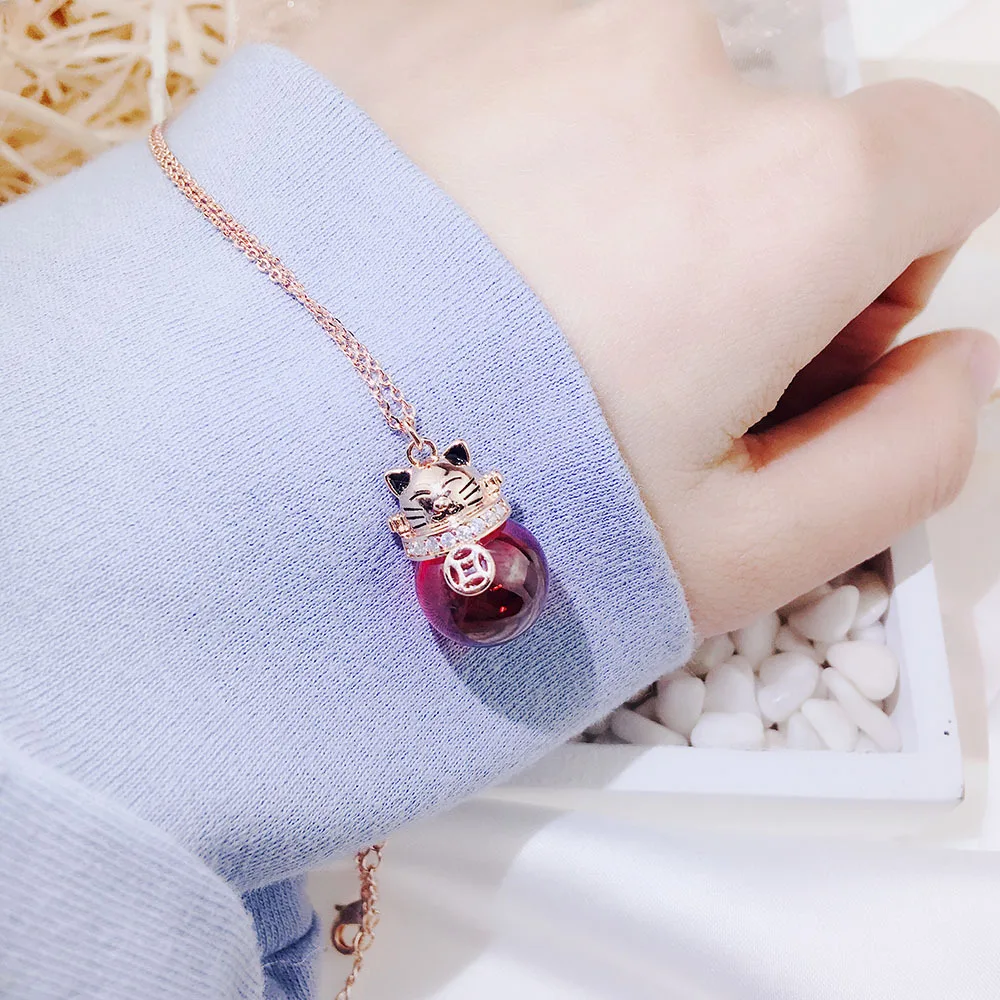YUN RUO Elegant Natural Red Stone Lucky Cat Pendant Necklace Rose Gold Color Fashion Jewelry Birthday Gift Woman Drop Shipping