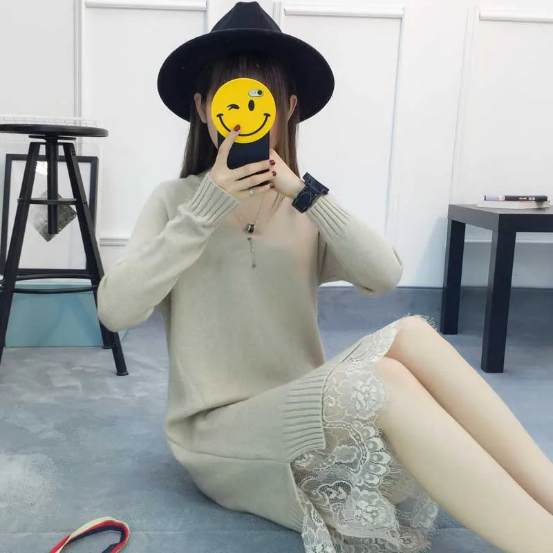 Женское вязаное платье свитер новинка 2018 модный кружевной теплый с длинными