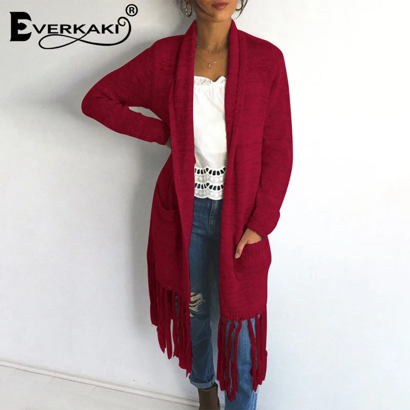 Everkaki Tassels Solid Knitted Long Cardigans Sweater Women With Pockets Boho Coat Female 2019 Autumn Winter |