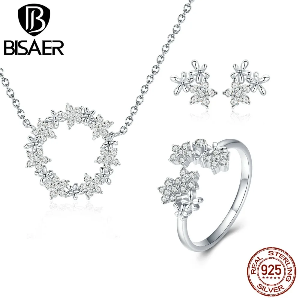 BISAER, 925 пробы, серебро, прозрачный, CZ, цветок ромашка, женские серебряные серьги, кольца, ювелирные наборы, свадебные, Дубай, свадебные ювелирные изделия