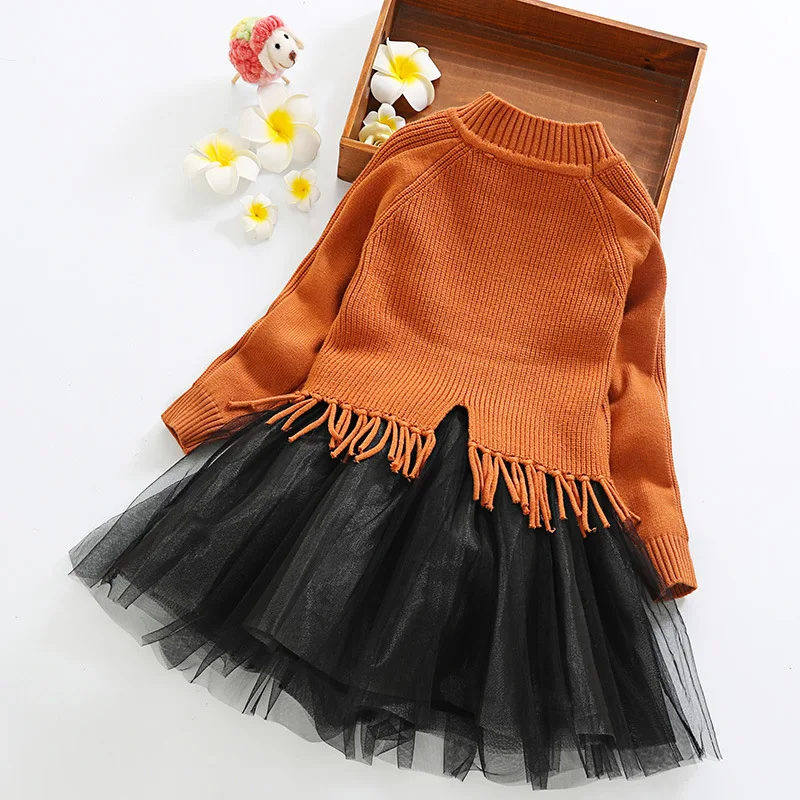 winter thick warm knit tulle 2 pcs set dresses age 3 - 12 yrs baby girls long-sleeve dress+sweater party frocks for little | Детская