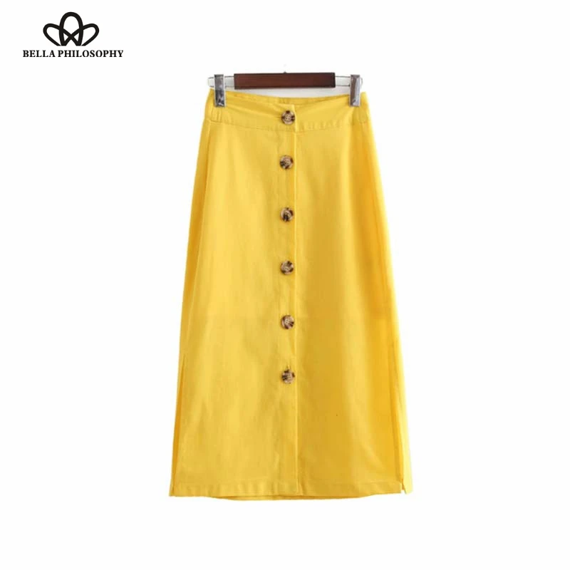 Heydress 2019new women elegant yellow mid calf linen skirt button side split faldas mujer ladies basic casual summer chic skirts | Женская