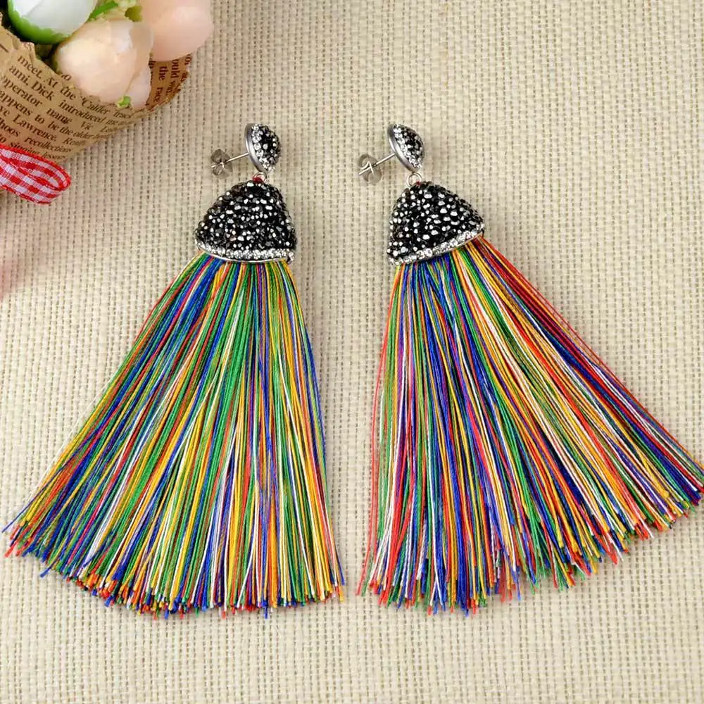 Модные висячие серьги из нержавеющей стали с кристаллами и кисточками длинные