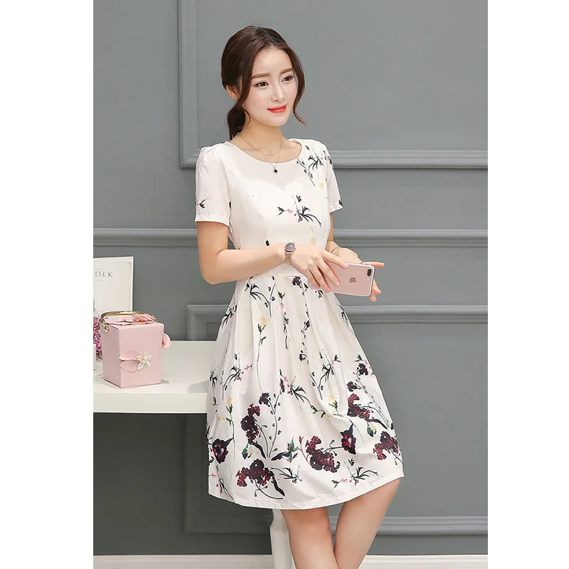 NQZ053 New Style Print Fresh Fashionable Loose Dress Sunmmer Women Sweet Girl O-Neck Comfortable Fashion Repair the body | Женская