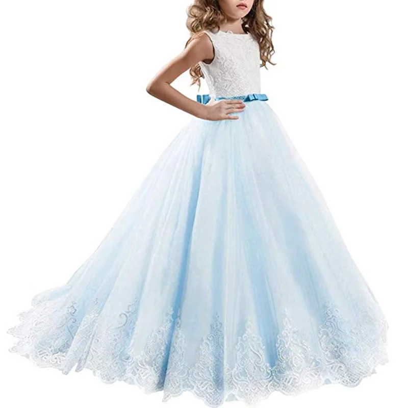 Light blue Кружевное платье с цветочным узором для девочек на день рождения, банкет элегантное кружевное платье с бабочками для девочек на свадьбу Одежда для причастия - Цвет: Light blue