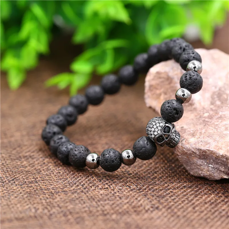 

Black Eyes CZ Skull Bracelet Men 8mm Lava Stone Beads Charm Bracelet For Men Women Fashion Hip Hop Punk Bracelet Jewelry Gift