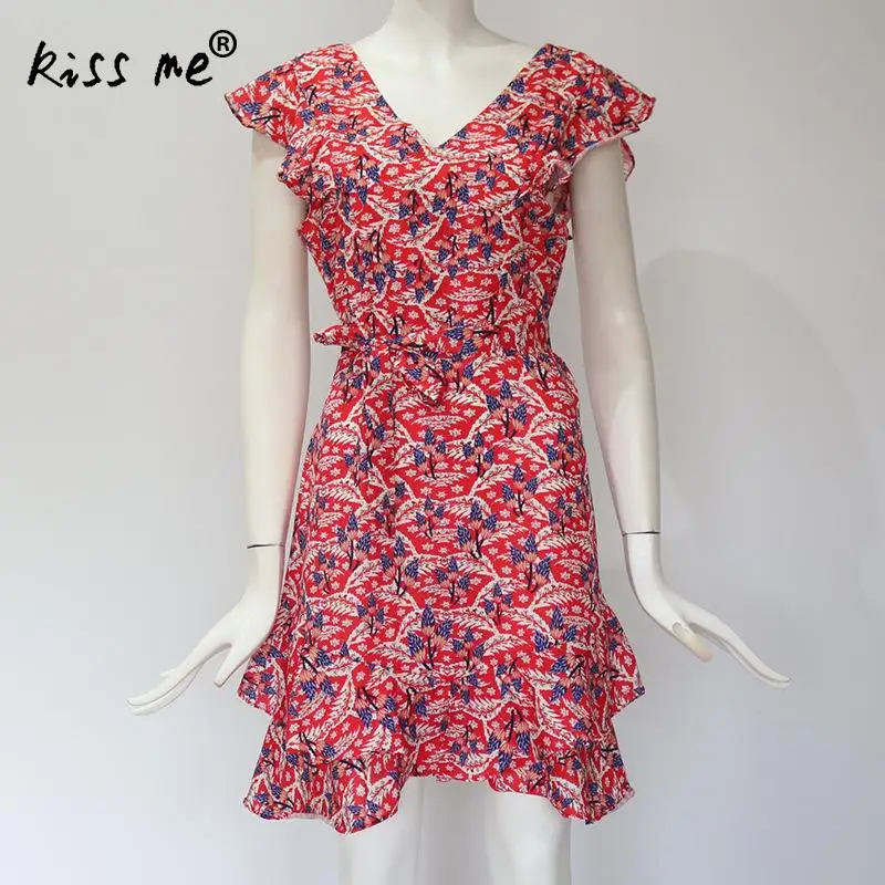 Женское пляжное мини-платье с цветочным принтом коротким рукавом поясом