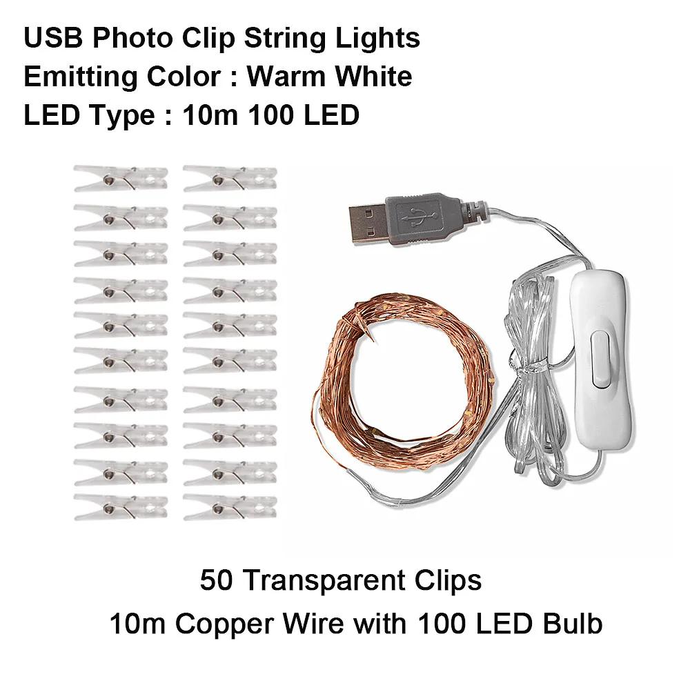 10m 100LED Фото клип USB светодиодный струнный светильник медный провод 10 м светодиодный Сказочный свет Рождественская гирлянда наружное/внутреннее украшение для дома Свадебная вечеринка - Испускаемый цвет: 10m 100LED