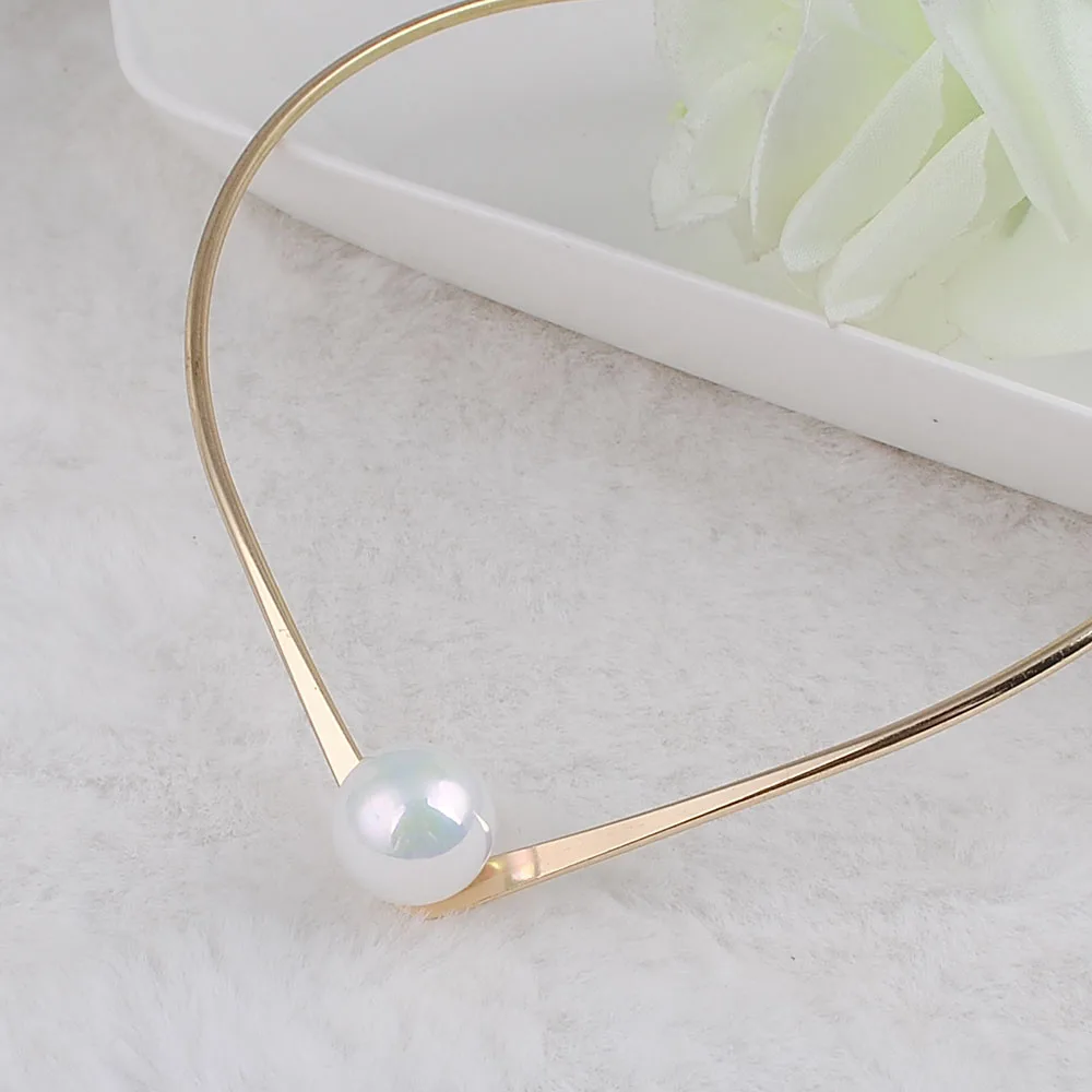 New Fashion Jewelry Simple V Design Torques Choker Necklace for Women Girl Big Pearl Wedding | Украшения и аксессуары