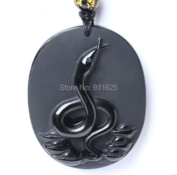 Новый красивый ручной работы натуральный черный обсидиан вырезанный китайский зодиак змея счастливый оберег кулоны бесплатная ожерелье модные украшения.