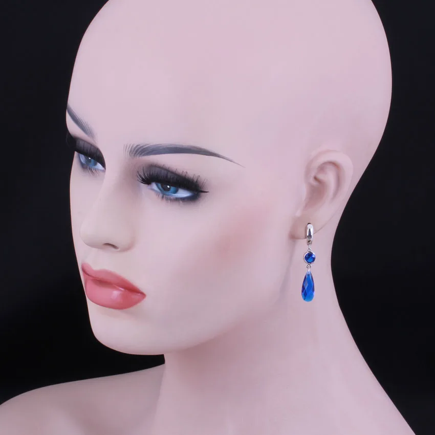 Выдающиеся темно-синие фианиты посеребренные висячие серьги V0351 | Украшения и