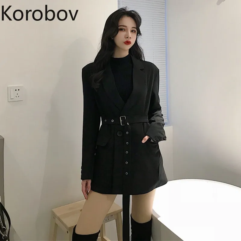 Женский Длинный блейзер с поясом Korobov черный Свободный Повседневный