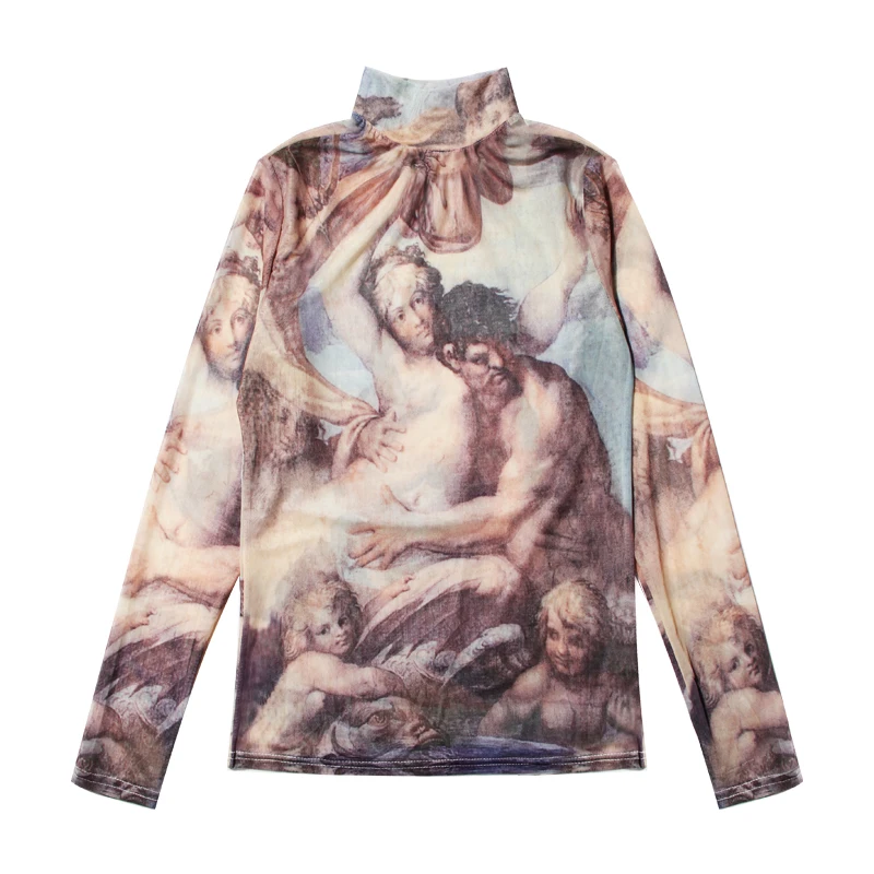 Новинка 2018 женская футболка в стиле барокко с полувысоким воротником