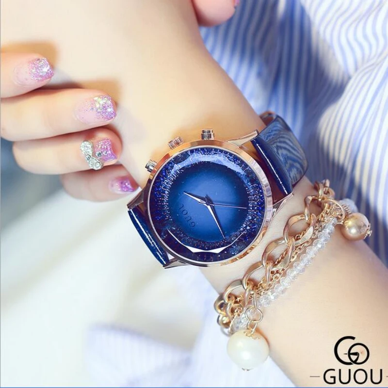 Роскошные Часы GUOU со стразами женские часы из натуральной кожи блестящие