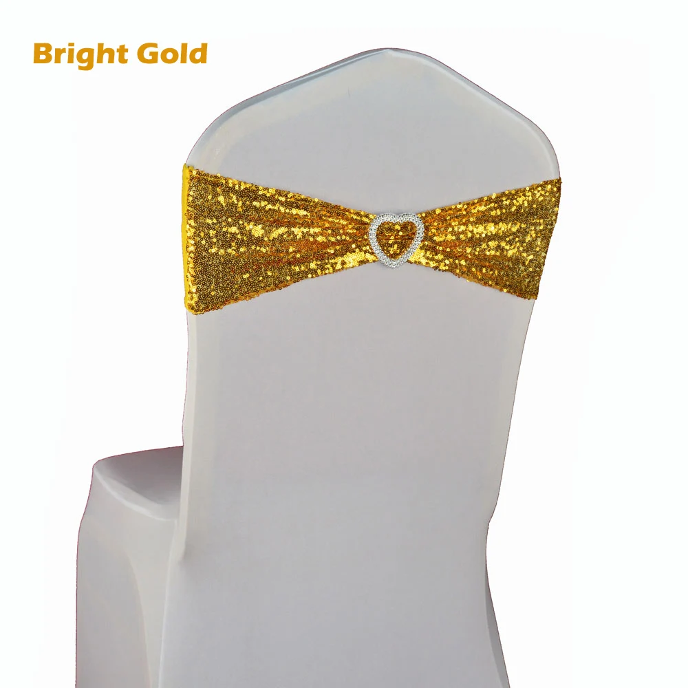 New Arrival 50pcs/lot Gold/Silver Wedding Party Decoration Heart Buckle Stretch Lycra Sequin Chair Sash Band Back Cover  Дом и