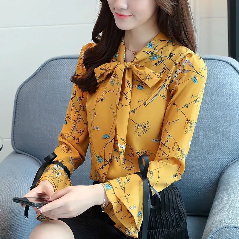

New Women Chiffon Loose Bow Neck Ruffles Small Flower Blouses Shirts Female Formal Flare Long Sleeve Shirts Blouses DD2459