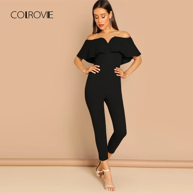 COLROVIE, черный, с открытыми плечами, с рюшами, сексуальная Облегающая рубашка, комбинезон, женский,, осенний, короткий рукав, для офиса, длинный комбинезон