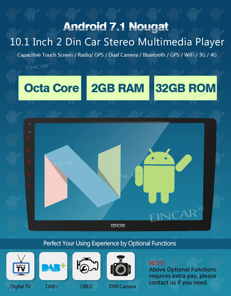 EinCar 10 1 ''двойной Din Android 7 Восьмиядерный 2 Гб ОЗУ в тире автомобильный стерео gps