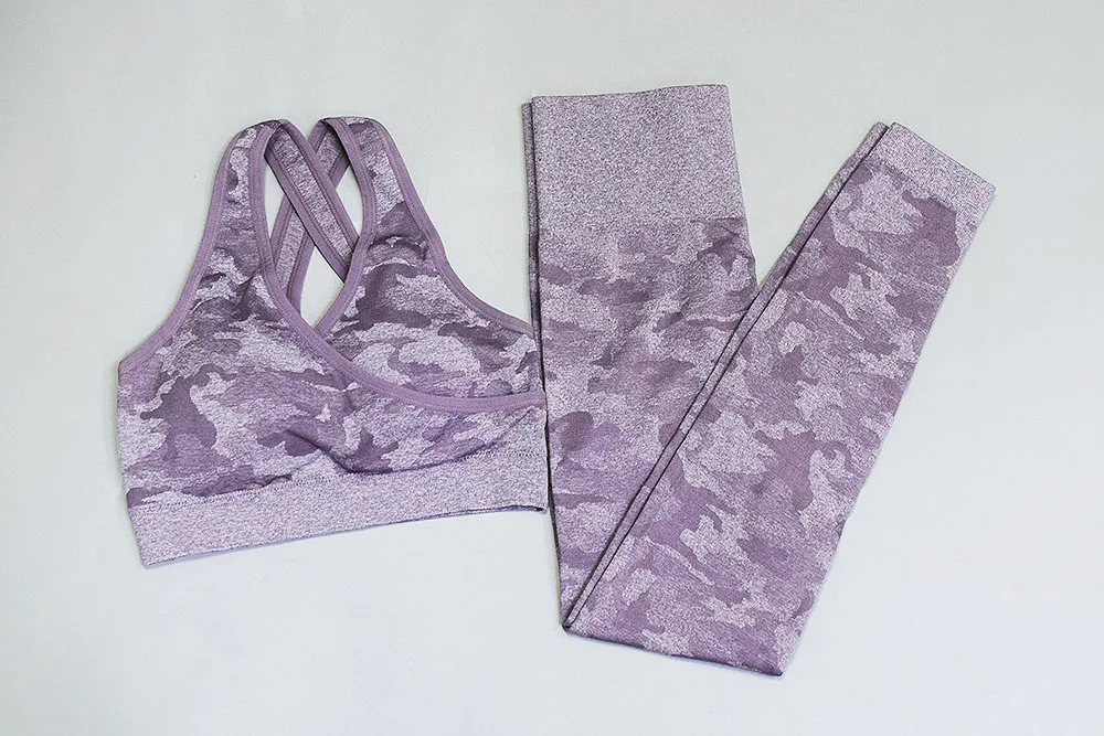 Purple Camo Камуфляжный бесшовный комплект из 2 предметов, женский спортивный костюм, одежда для спортзала, спортивный костюм для женщин, женская спортивная одежда, комплекты для фитнеса и йоги - Цвет: Purple Camo