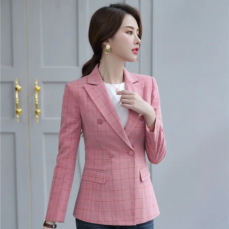 Novelty Pink Plaid Formal Blazers and Jackets Coat Double Breasted Long Sleeve Autumn Winter Ladies Tops Outwear Blaser|Женские
