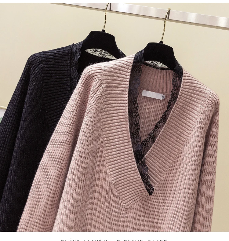 XL-XXXL размера плюс женские зимние свитера Одежда кружевной v-образный вырез пэчворк длинный рукав Свободный Повседневный пуловер вязаный свитер
