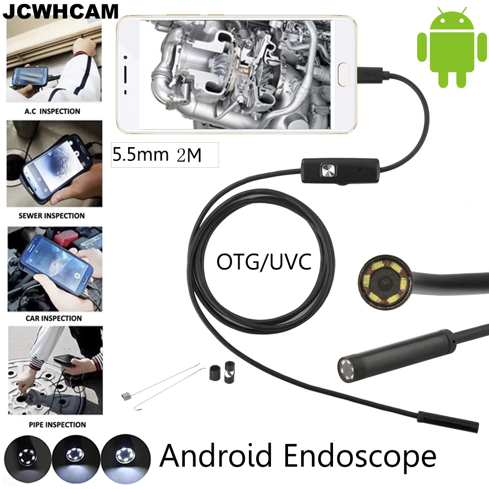 

Камера-Эндоскоп JCWHCAM с объективом 5,5 мм, Android OTG, USB, 2 м, смартфон на Android, USB бороскоп, камера-трубка 6 светодиодов