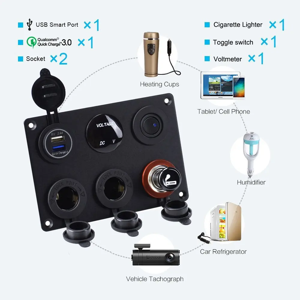 Dual USB Charger Socket QC 3.0 & 2.4A Voltmeter 12V Power Outlet Cigarette Lighter Adapter ON-Off Toggle Switch for car camper |