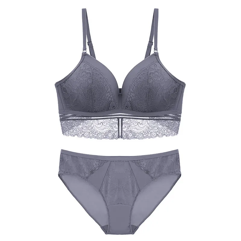 Gray blue Varsbaby, сексуальное бесшовное нижнее белье с глубоким v-образным вырезом, без косточек, нижнее белье, тонкие чашки, широкий кружевной бюстгальтер, набор - Цвет: Gray blue