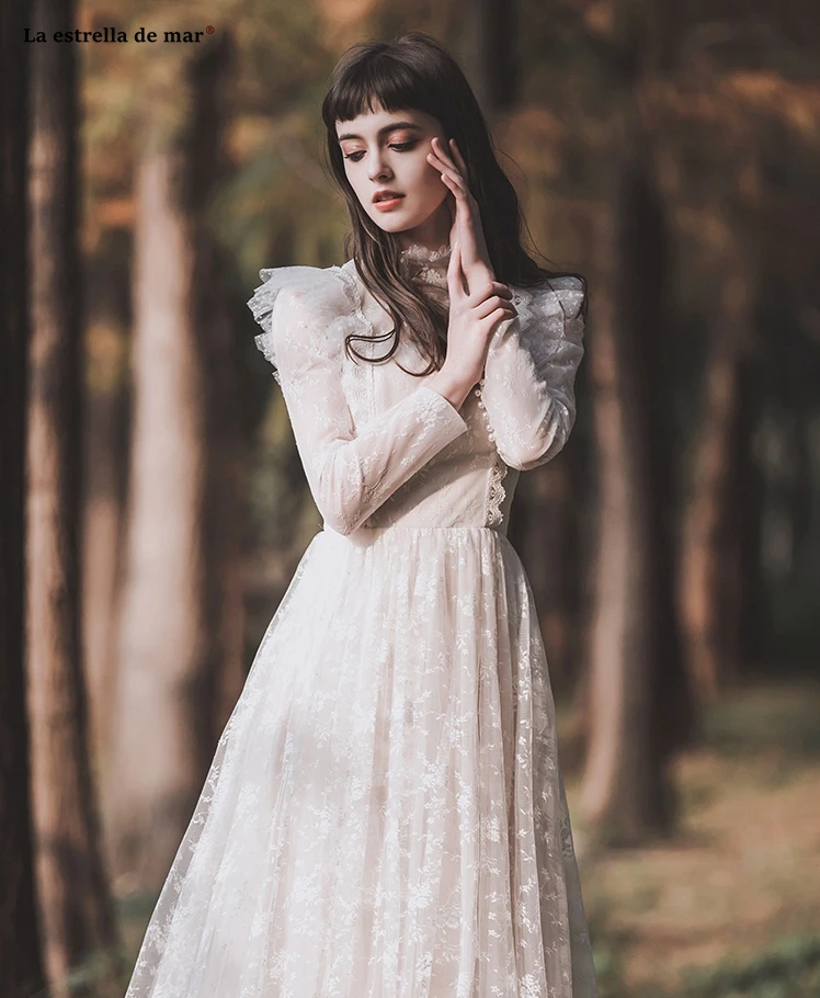 Abiti da sposa2019 Новое кружевное платье с высоким воротом и длинными рукавами трапециевидной формы цвета слоновой кости свадебное платье в стиле бохо со шлейфом brautkleid Ретро накидка de mariee