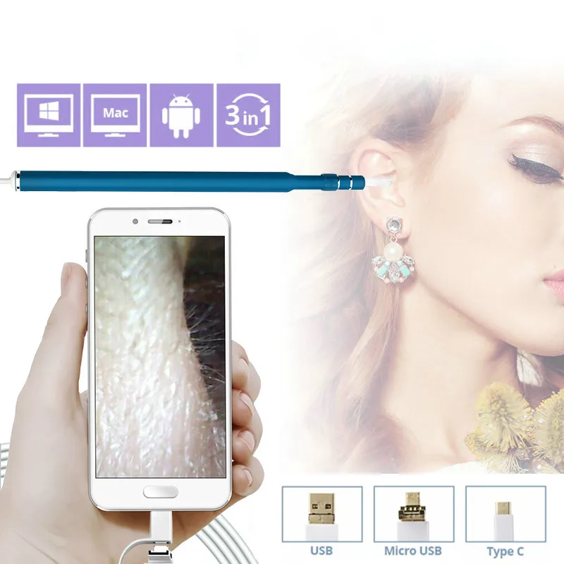 HD 1.3MP мини 5 мм объектив эндоскоп камера Android USB OTG видения ушной очистки с ложкой