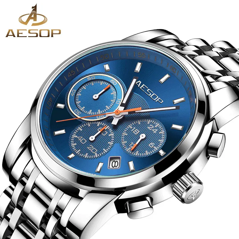 Мужские кварцевые часы AESOP многофункциональные наручные черного цвета из