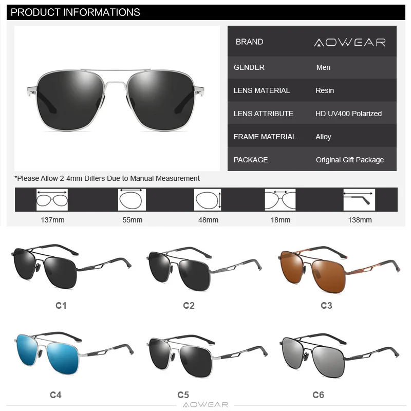 Мужские квадратные солнцезащитные очки AOWEAR поляризационные Модные в стиле ретро