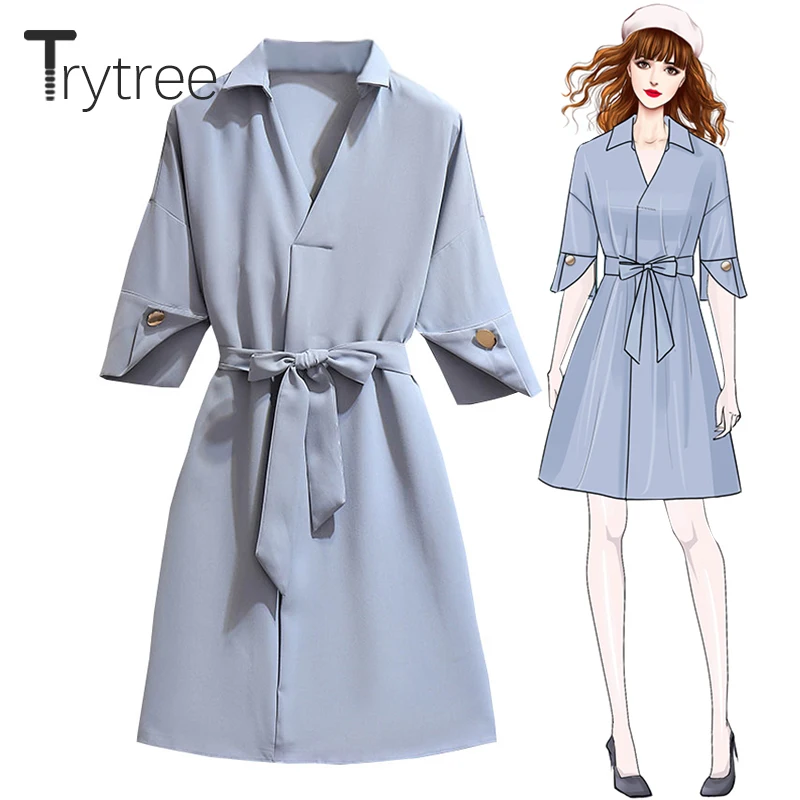 Trytree Лето Осень женское Повседневное платье однотонное с v-образным вырезом платье-рубашка с расклешенными рукавами Пояс Шелковистое до колен офисное женское платье трапециевидной формы
