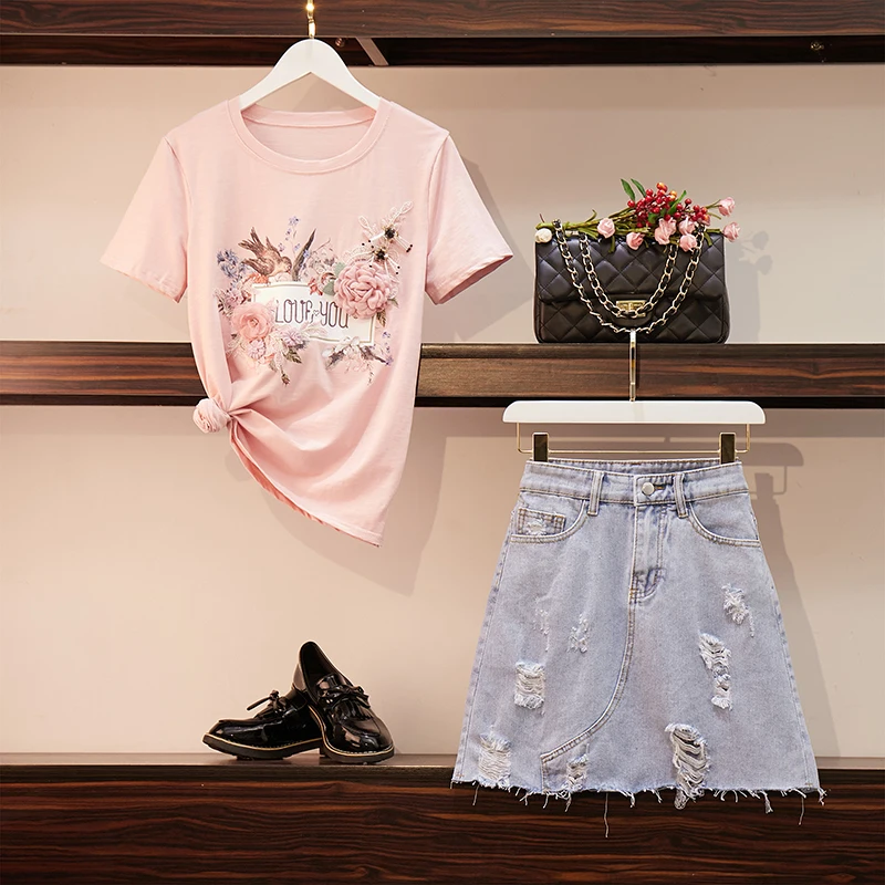 HAMALIEL Women T shirt Skirts Suit Summer 3D Floral Birds Embroidery Sequined T-shirt + Denim Hole Tassel A-Line Clothing Set | Женская