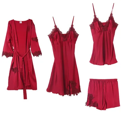 wine red 4pcs Daeyard женские пижамы шелковые 5 шт. пижамный комплект атласные аппликации Обрезанные пижамы сексуальная пижама с кружевами Ночная Рубашка домашняя одежда - Цвет: wine red 4pcs