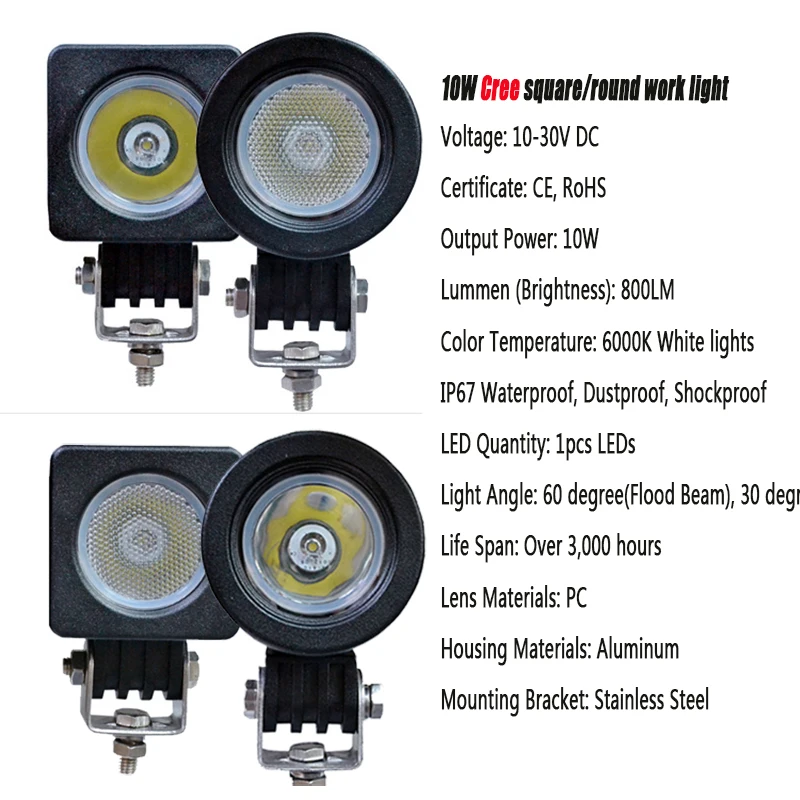 Светодиодный рабочий светильник 2x10 Вт квадратный круглый прожектор для вождения